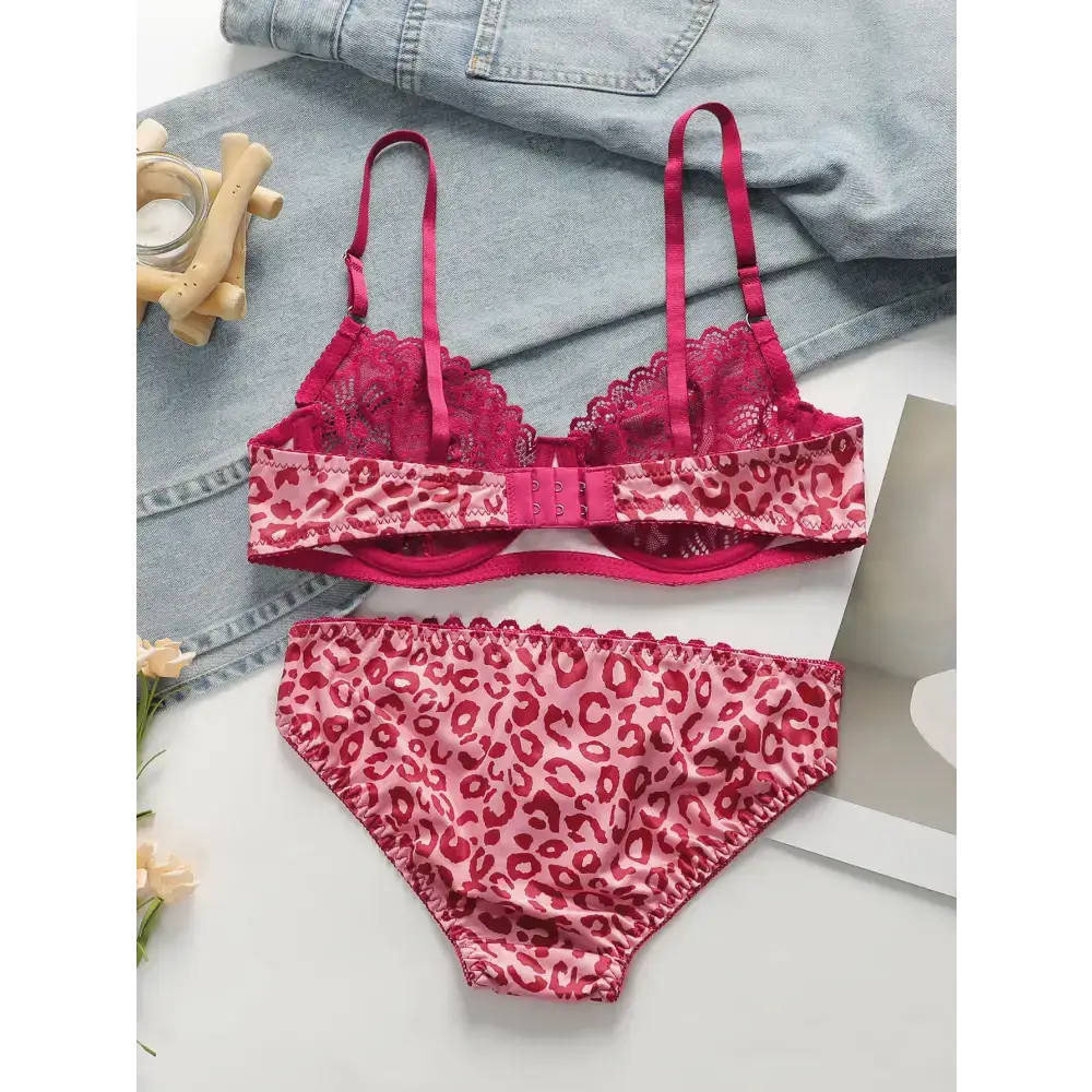 Sexy pink leopard print lingerie set with lace detailing and adjustable straps from The Lady's Haven Boutique