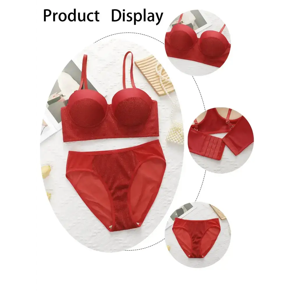 Sexy red bra and panty set laid flat with close-up details of straps and back hooks