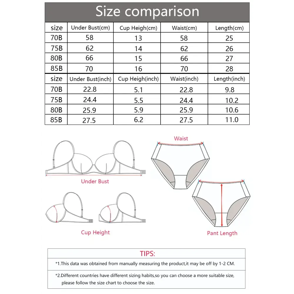 Size chart for sexy red bra and panty set showing measurements for under bust cup height waist and length in cm and inches