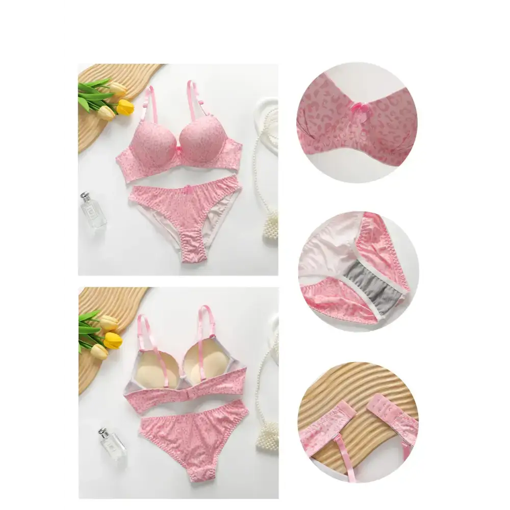 Pink sexy underwire bra and panty set with leopard print detailing and adjustable straps
