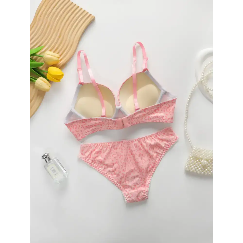 Pink leopard print sexy underwire bra and panty set with adjustable straps from The Lady's Haven Boutique