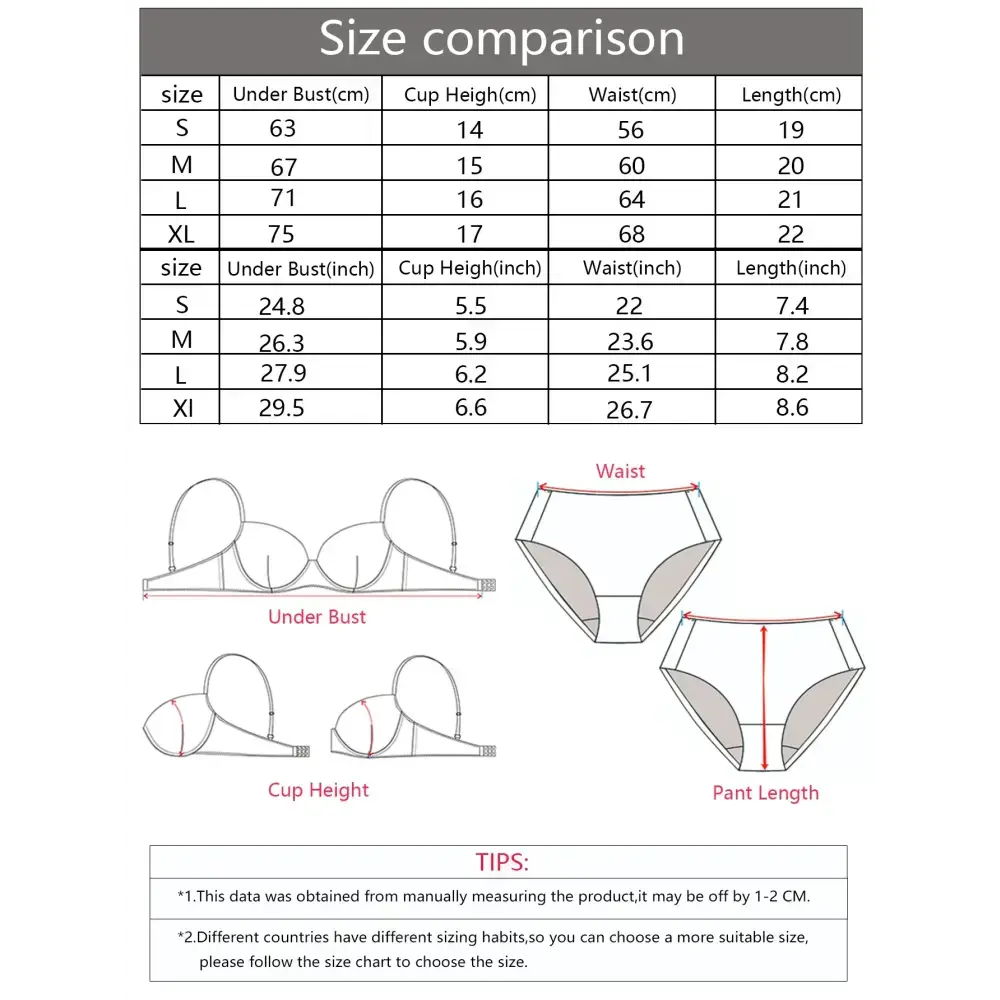 Size comparison chart and measurement guide for sexy underwire bra and panty set from The Lady's Haven Boutique