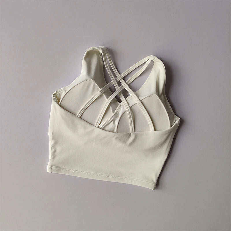 White shockproof crop top for women with stylish crisscross back details