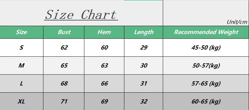 Tabla de tallas para sujetador de gimnasio acolchado a prueba de golpes para mujer, que muestra medidas para los tamaños S, M, L y XL.