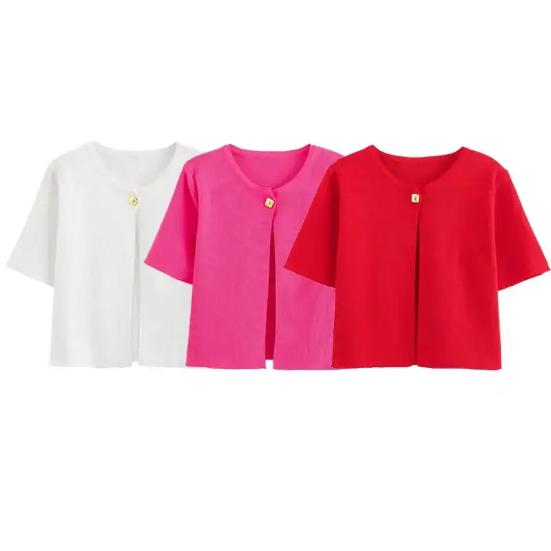 The Lady's Haven Boutique casual fashion cropped jacket in white pink and red with short sleeves and single button closure
