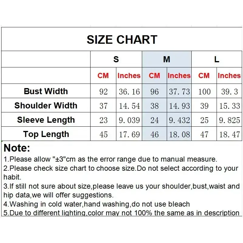 Size chart for casual fashion cropped jacket by The Lady's Haven Boutique showing bust, shoulder, sleeve, and top length measurements in cm and inches