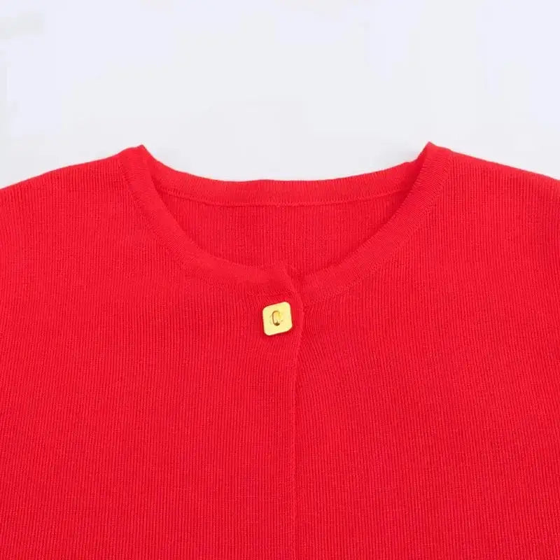 Red casual fashion cropped jacket with round neckline and single gold button closure