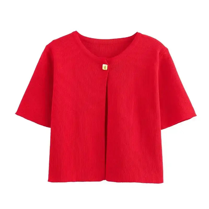 Red casual fashion cropped jacket with short sleeves and single button closure from The Lady's Haven Boutique