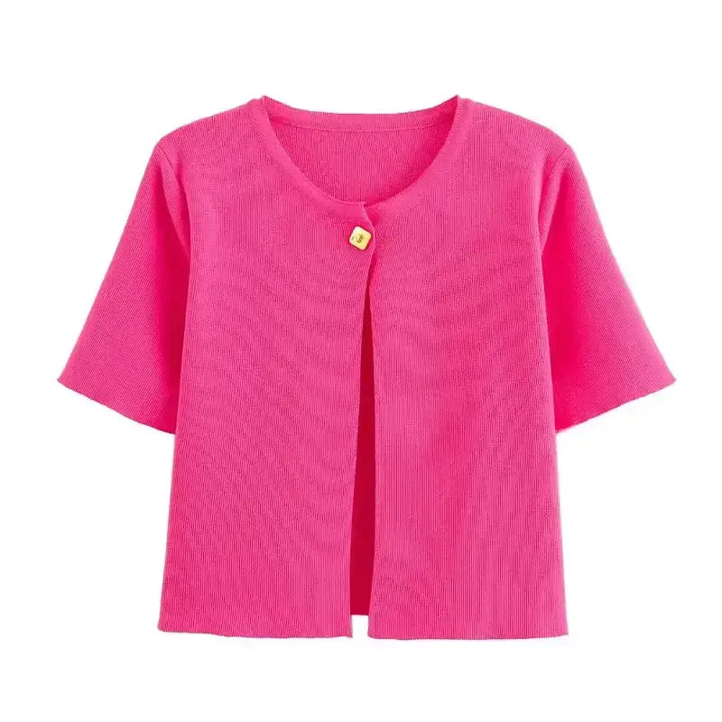 Bright pink casual fashion cropped jacket with short sleeves and a single button closure