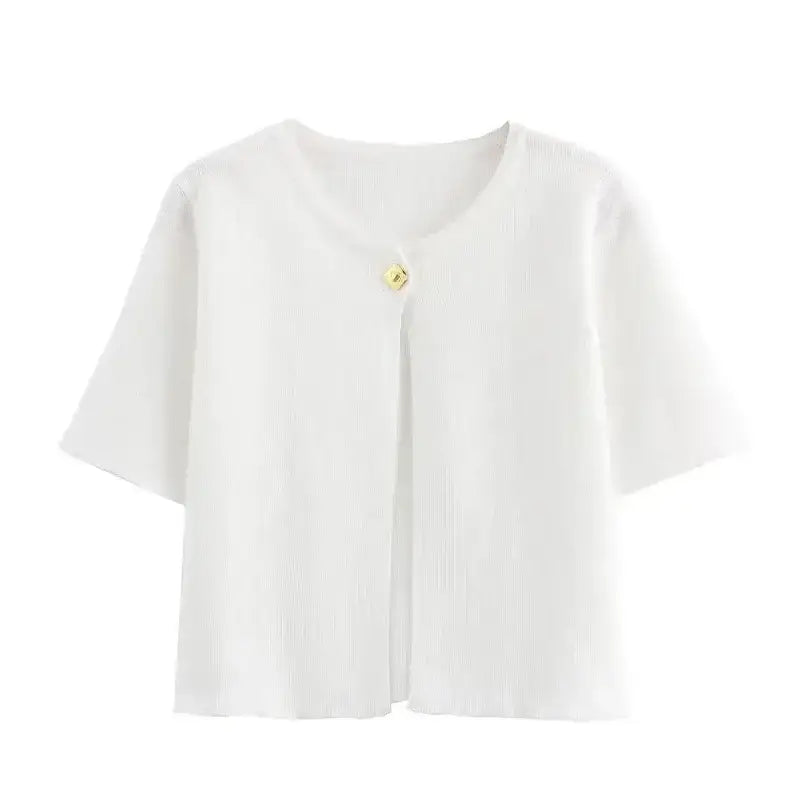 White casual fashion cropped jacket with short sleeves and single button closure