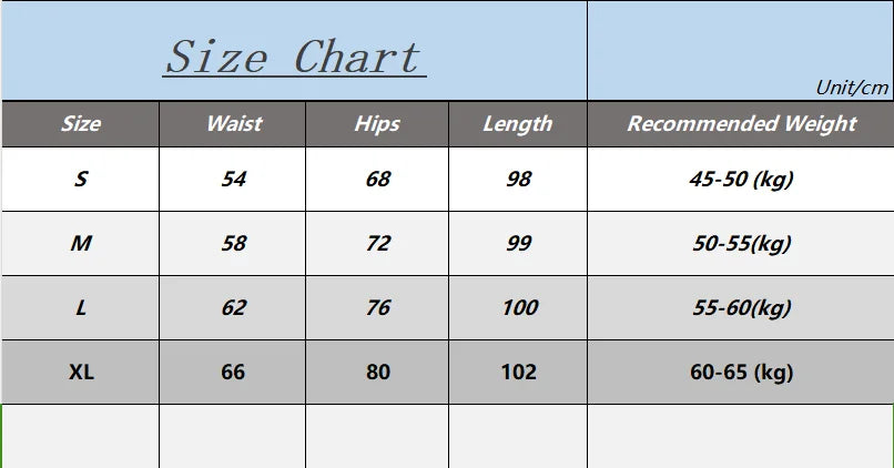 Tabla de tallas para pantalones de yoga de cintura alta tipo campana que incluye medidas para diferentes tallas