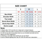 Size chart for summer office vest and shorts outfit showing bust, shoulder, top, waist, hips, and length measurements