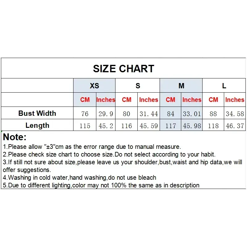 Size chart for sleeveless backless midi dress showing bust width and length in centimeters and inches