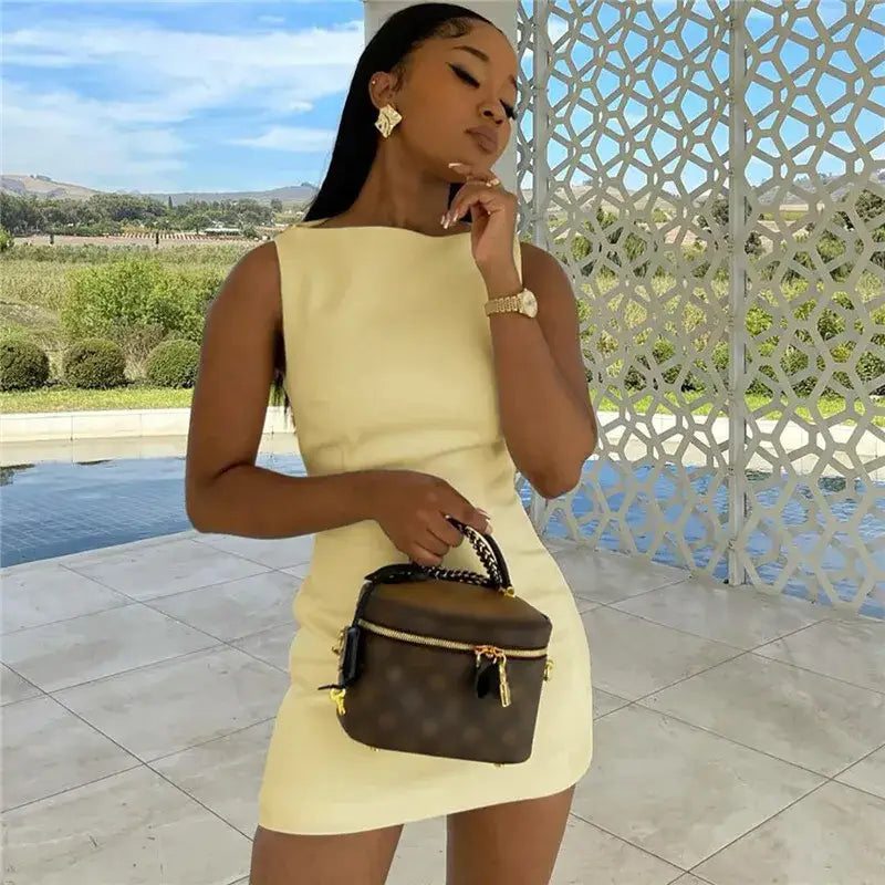 Sleeveless O‑Neck Mini Dress with Zipper and Layered Finish - Mini Dresses