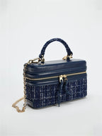 The Lady's Haven Boutique small square bag in navy with gold chain and textured fabric detailing