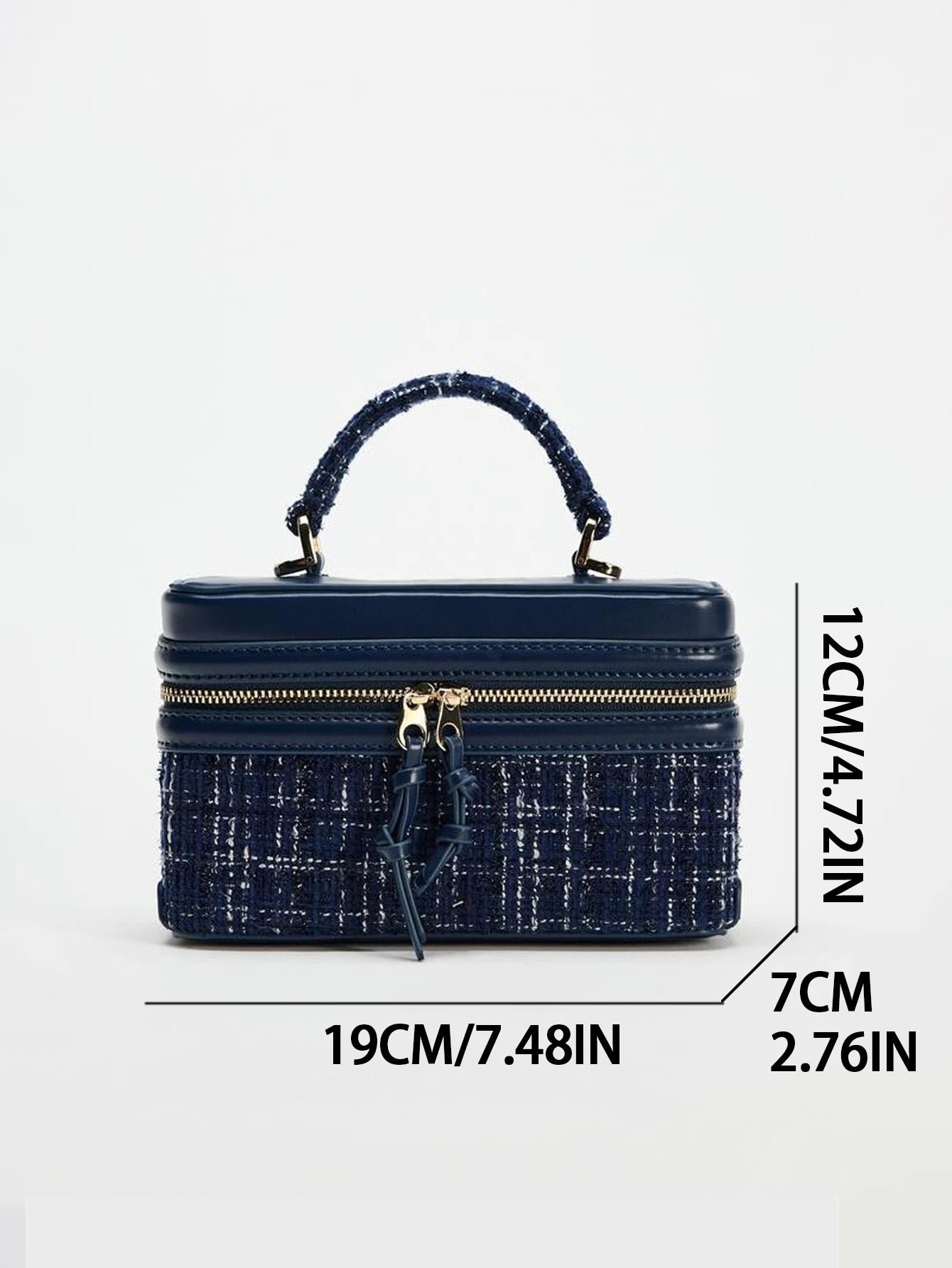 Small square bag by The Lady's Haven Boutique in navy blue tweed with top handle and zipper closure