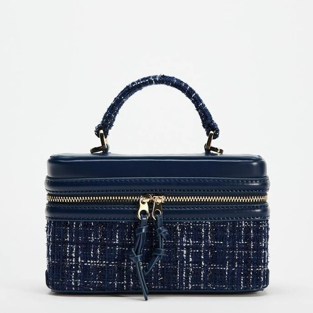 The Lady's Haven Boutique small square bag in navy with textured fabric and zipper closure