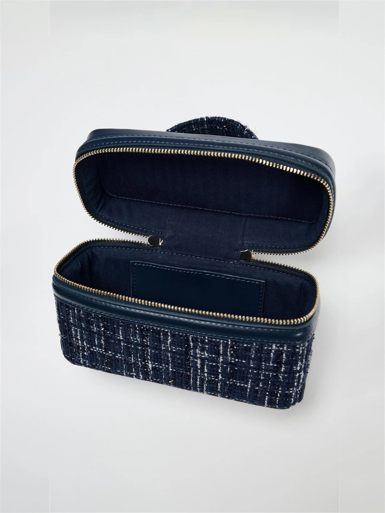 The Lady's Haven Boutique small square bag in navy blue tweed with zipper and open compartment
