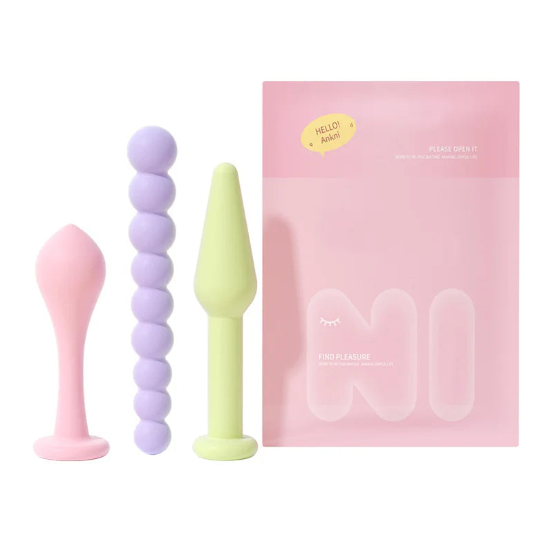 Soft anal plug set for women featuring three colorful silicone plugs in pastel shades