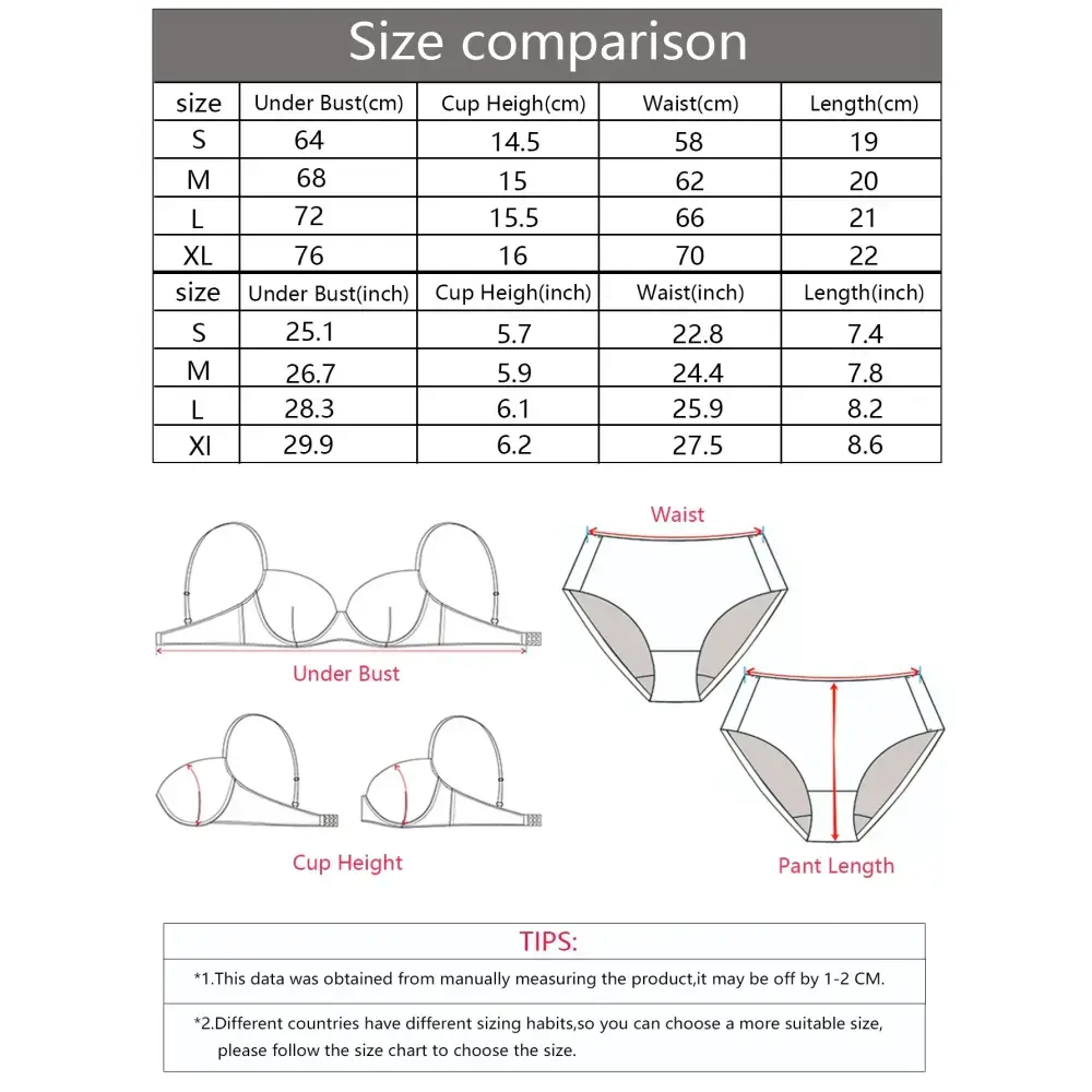 Size comparison chart with measurements for solid color bra and panty set including under bust, cup height, waist, and pant length