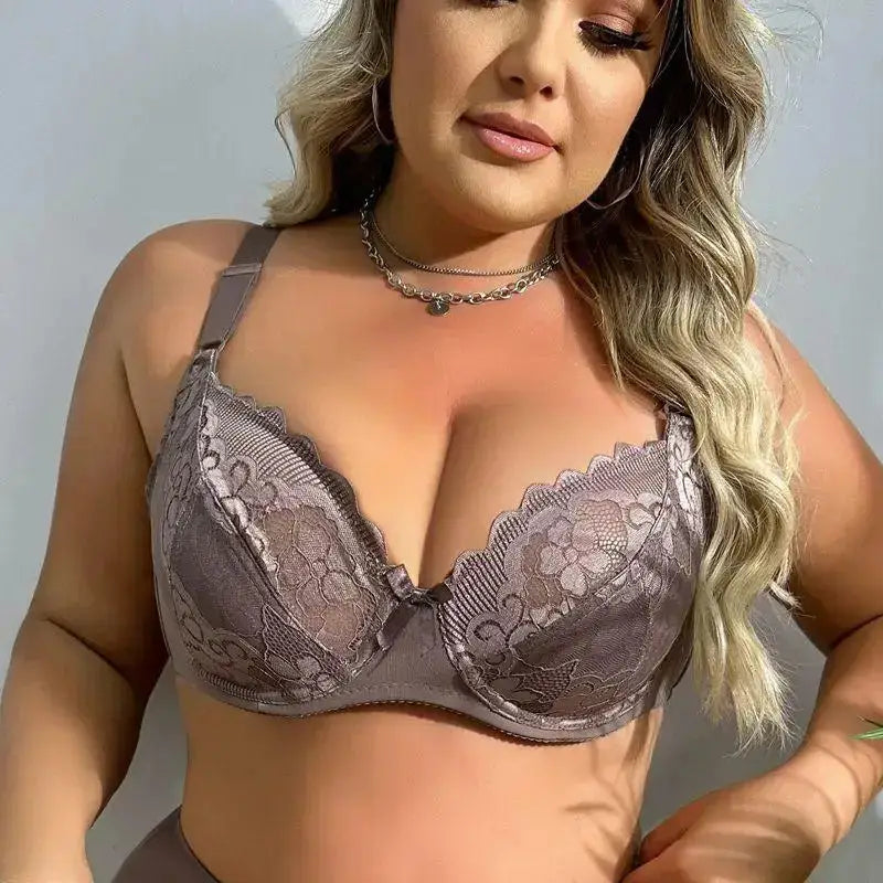 Solid Color Floral Lace Lingerie Plus Size for Woman Thin Bra with wire without Foam