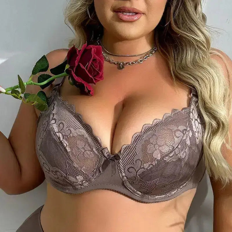Solid Color Floral Lace Lingerie Plus Size for Woman Thin Bra with wire without Foam