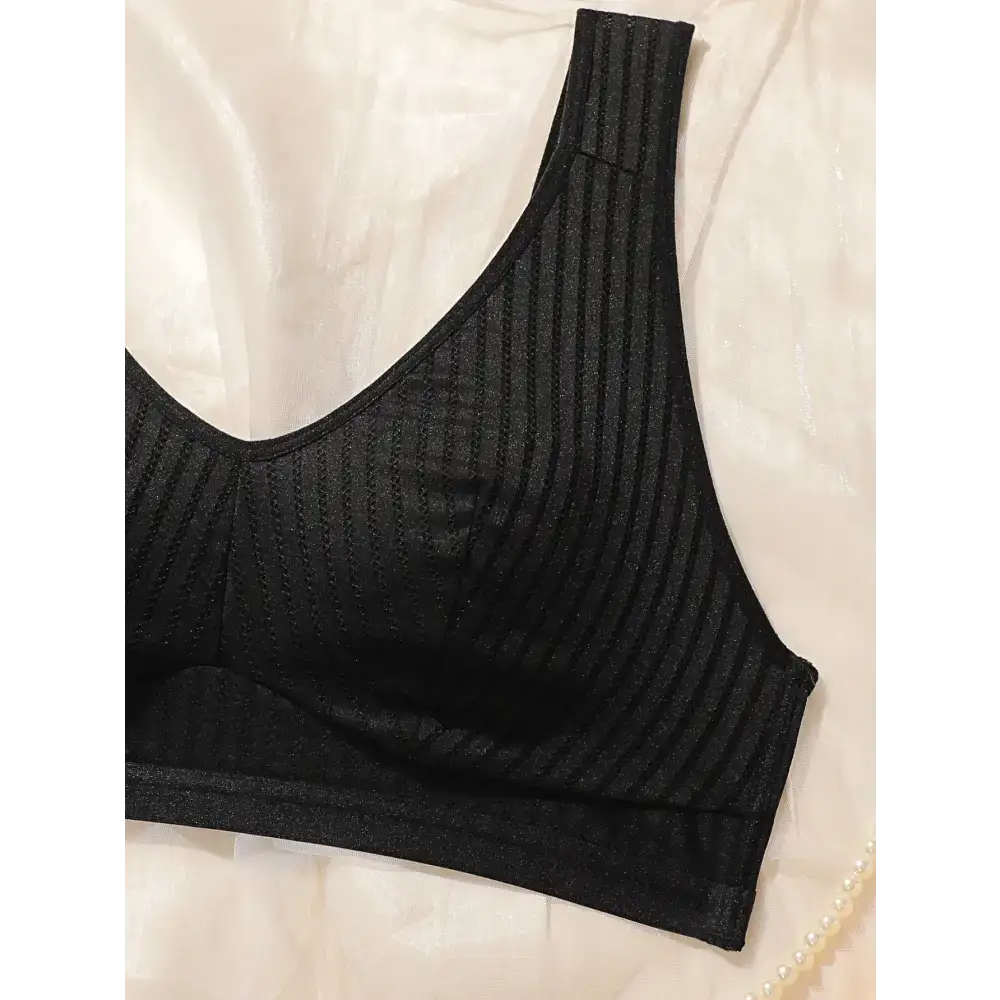 Black solid color striped plus size lingerie bra with wide straps from The Lady's Haven Boutique