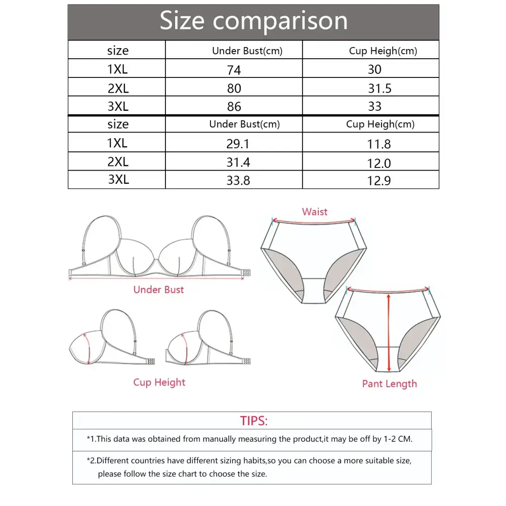 Size comparison chart and measurement guide for solid color striped plus size lingerie from The Lady's Haven Boutique