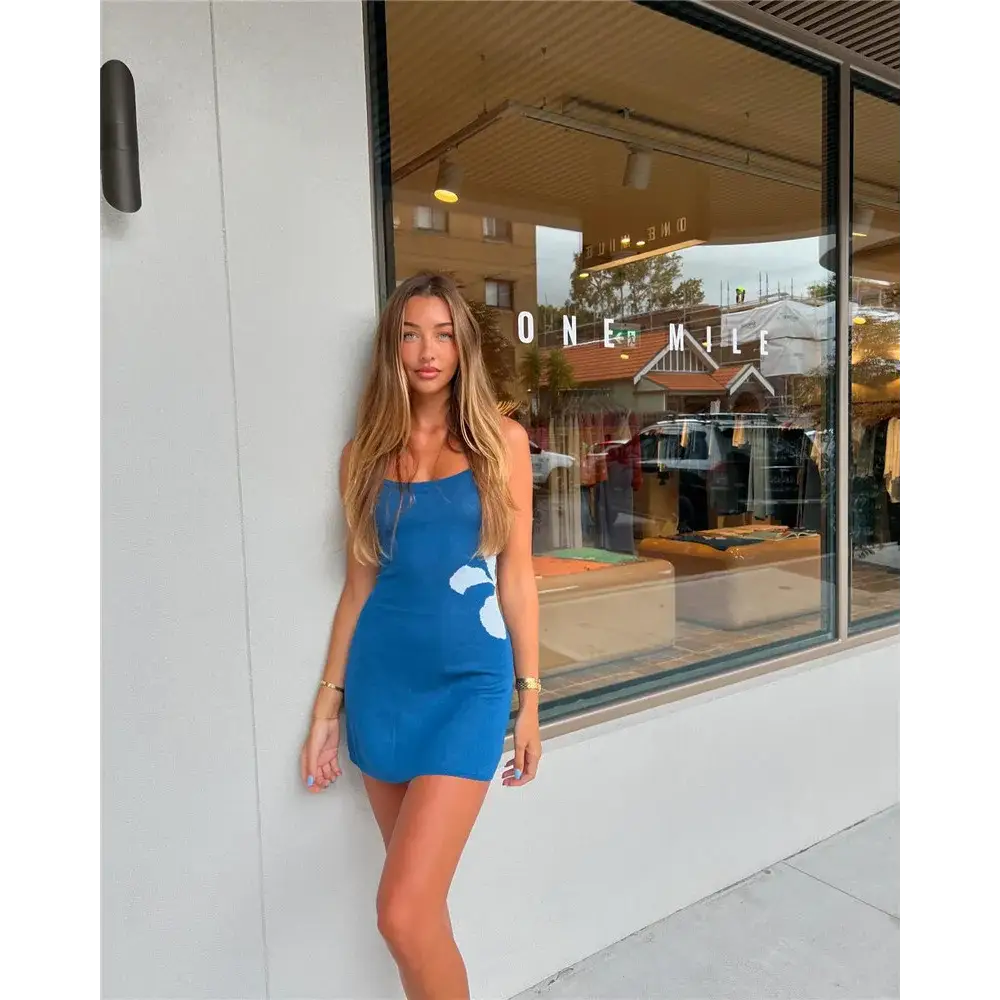 Mozision Spaghetti Strap Print Knit Mini Dress For Woman Robe Summer New Sleeveless Backless Beach Holiday Club Dress