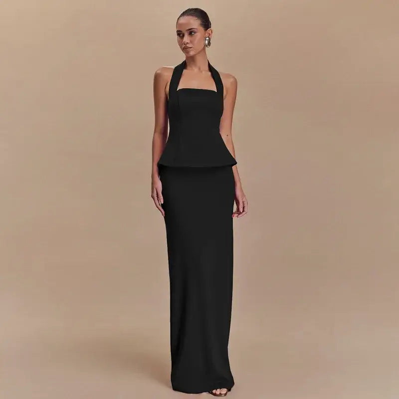 Mozision Backless Sexy 2 Piece Sets Women Solid Square Collar Halter Tops And Long Skirt Female Slim Fit Club Two Piece