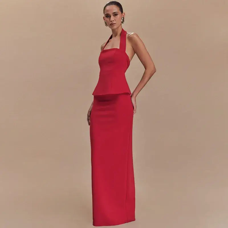 Mozision Backless Sexy 2 Piece Sets Women Solid Square Collar Halter Tops And Long Skirt Female Slim Fit Club Two Piece