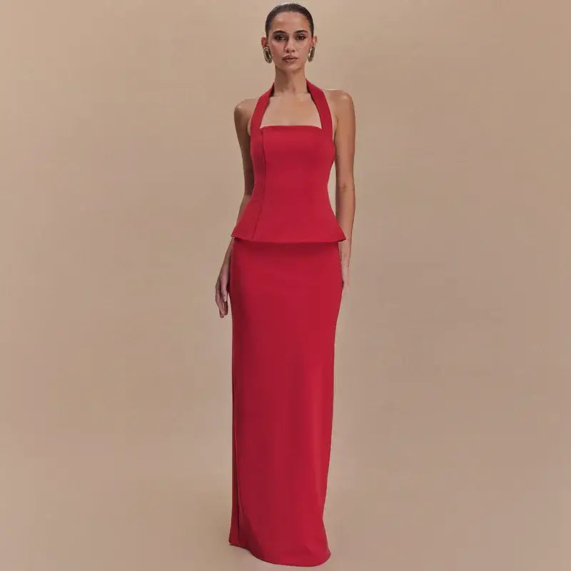 Mozision Backless Sexy 2 Piece Sets Women Solid Square Collar Halter Tops And Long Skirt Female Slim Fit Club Two Piece