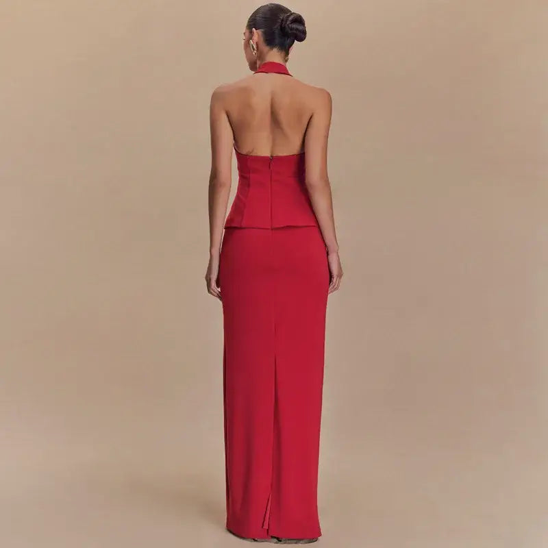 Mozision Backless Sexy 2 Piece Sets Women Solid Square Collar Halter Tops And Long Skirt Female Slim Fit Club Two Piece