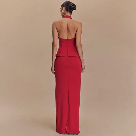 Mozision Backless Sexy 2 Piece Sets Women Solid Square Collar Halter Tops And Long Skirt Female Slim Fit Club Two Piece