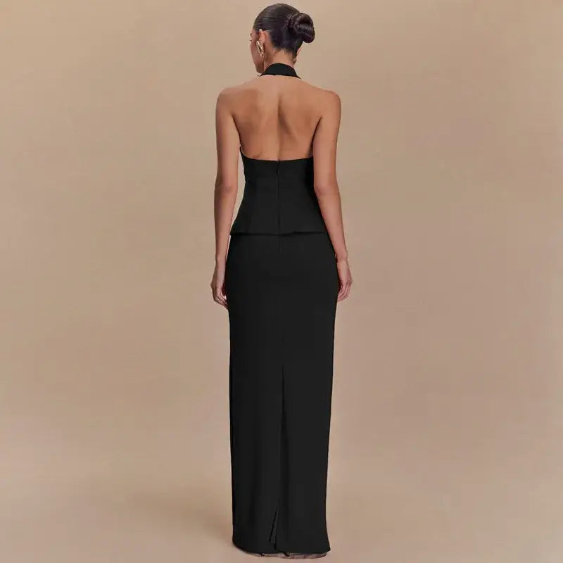 Mozision Backless Sexy 2 Piece Sets Women Solid Square Collar Halter Tops And Long Skirt Female Slim Fit Club Two Piece
