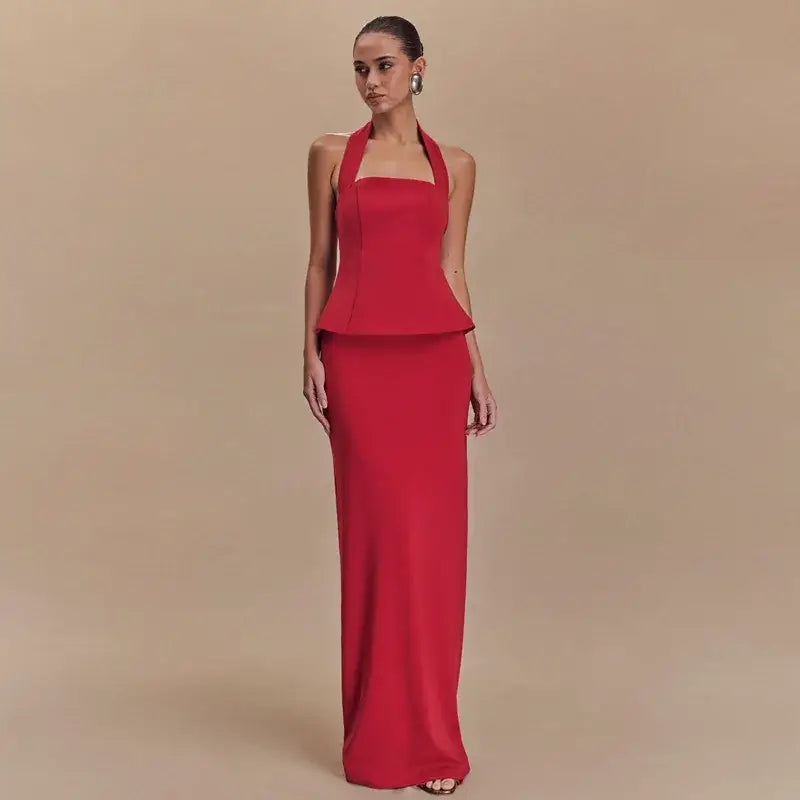 Mozision Backless Sexy 2 Piece Sets Women Solid Square Collar Halter Tops And Long Skirt Female Slim Fit Club Two Piece