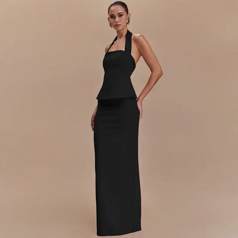 Mozision Backless Sexy 2 Piece Sets Women Solid Square Collar Halter Tops And Long Skirt Female Slim Fit Club Two Piece