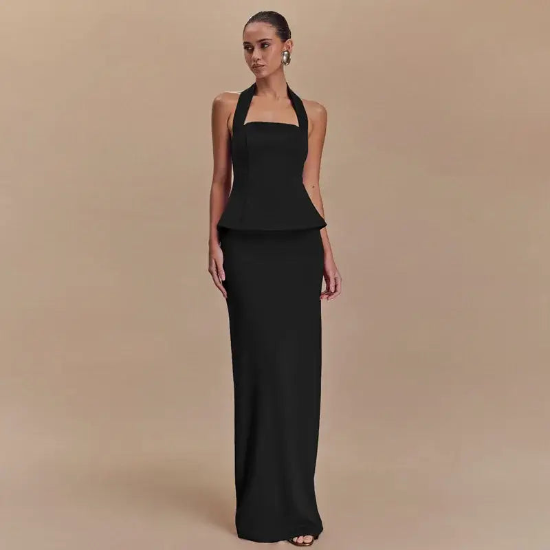 Mozision Backless Sexy 2 Piece Sets Women Solid Square Collar Halter Tops And Long Skirt Female Slim Fit Club Two Piece
