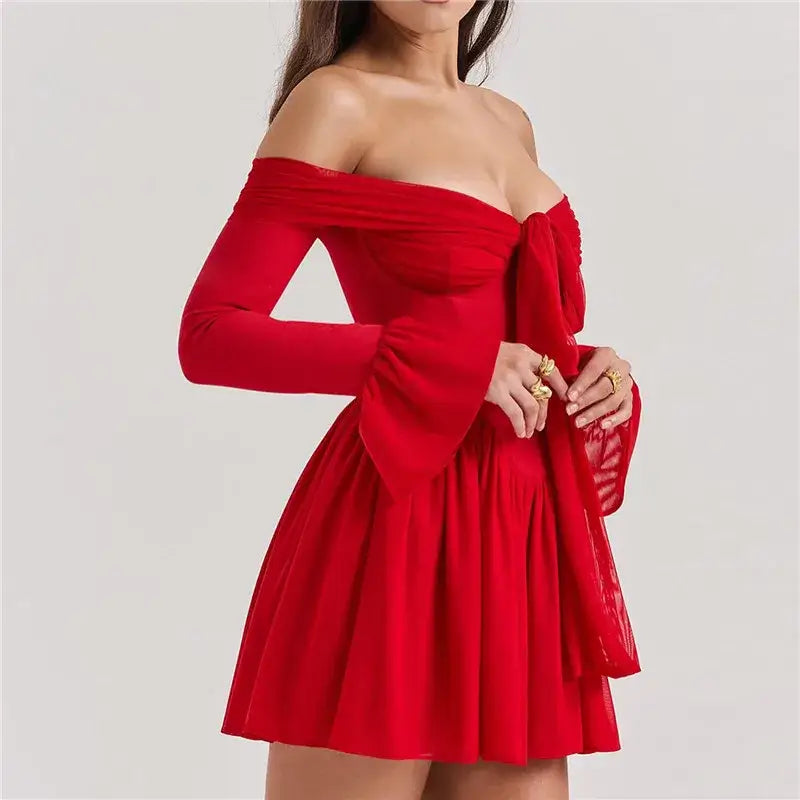 Mozision Elegant Strapless Backless Sexy Mini Dress For Women Red Off-shoulder Long Flare Sleeve Pleated Club Party