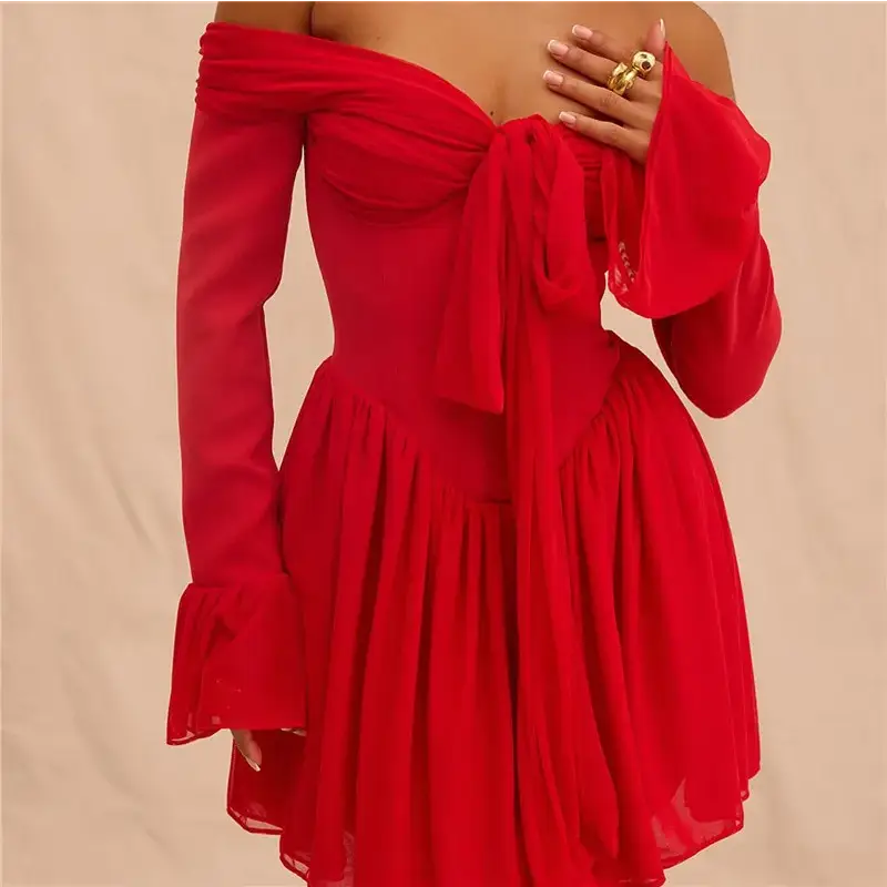 Mozision Elegant Strapless Backless Sexy Mini Dress For Women Red Off-shoulder Long Flare Sleeve Pleated Club Party