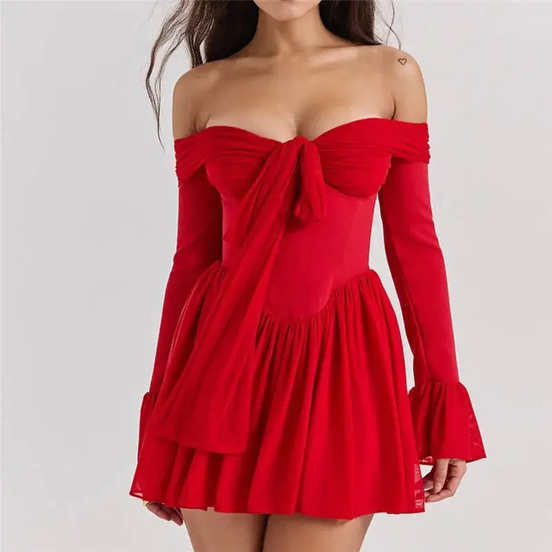 Mozision Elegant Strapless Backless Sexy Mini Dress For Women Red Off-shoulder Long Flare Sleeve Pleated Club Party