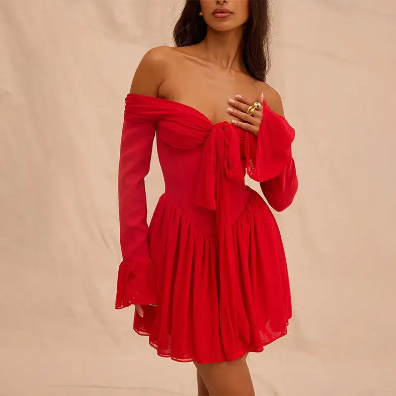 Mozision Elegant Strapless Backless Sexy Mini Dress For Women Red Off-shoulder Long Flare Sleeve Pleated Club Party