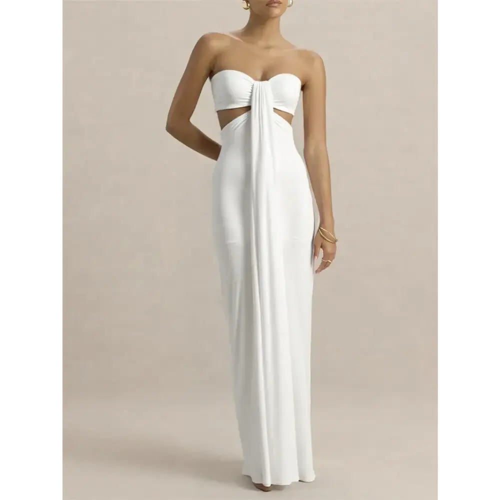 Mozision Off-shoulder Strapless Sexy Maxi Dress Women Elegant White Sleeveless Backless Draped Bodycon Club Party Long