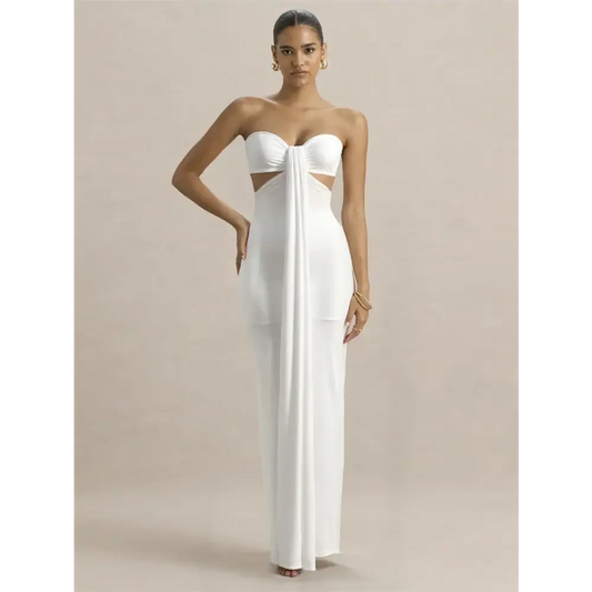 Mozision Off-shoulder Strapless Sexy Maxi Dress Women Elegant White Sleeveless Backless Draped Bodycon Club Party Long