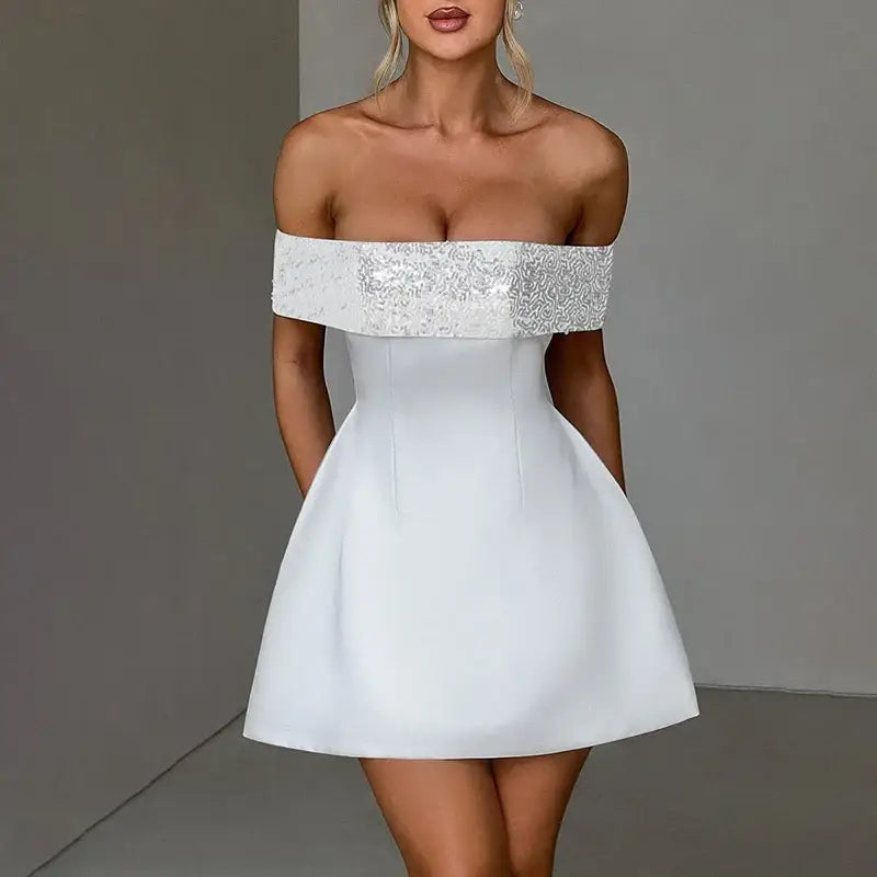 Mozision Off-shoulder Sequins Strapless Sexy Mini Dress Women Fashion Sleeveless Backless Sparkle High Waist Club Sexy