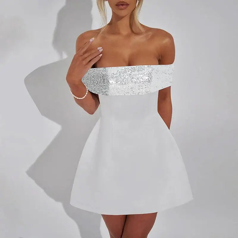 Mozision Off-shoulder Sequins Strapless Sexy Mini Dress Women Fashion Sleeveless Backless Sparkle High Waist Club Sexy