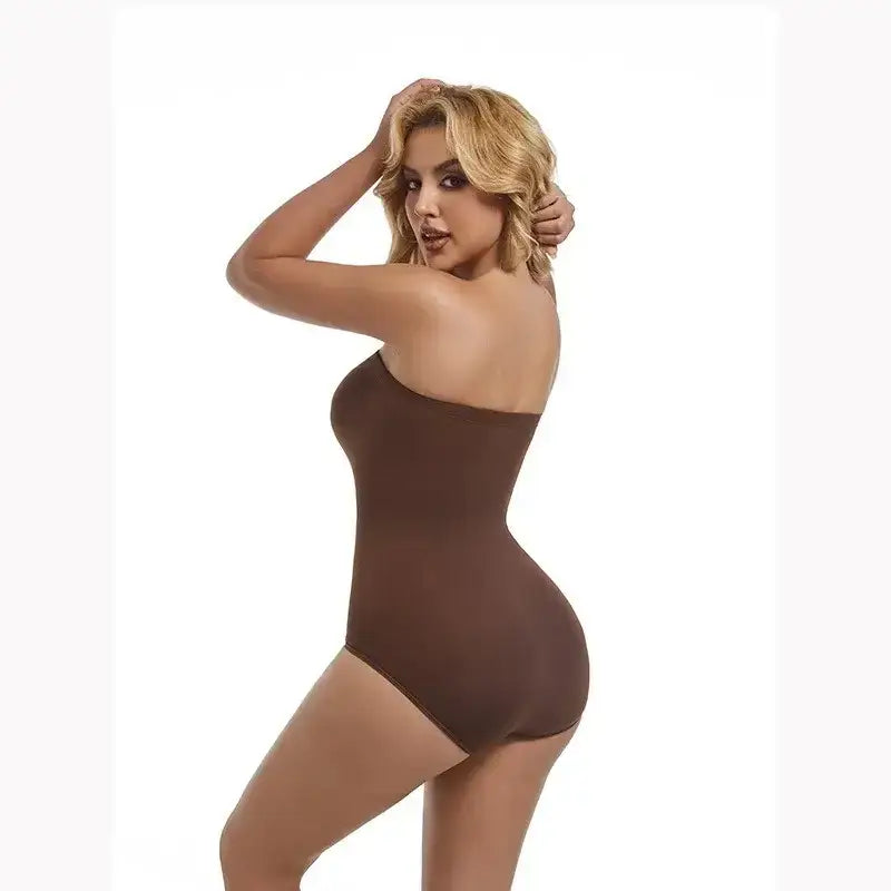 The Lady's Haven Boutique brown strapless shapewear bodysuit worn by model showing back and side view