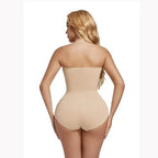 Beige strapless shapewear bodysuit smoothing waist and hips from back view by The Lady's Haven Boutique