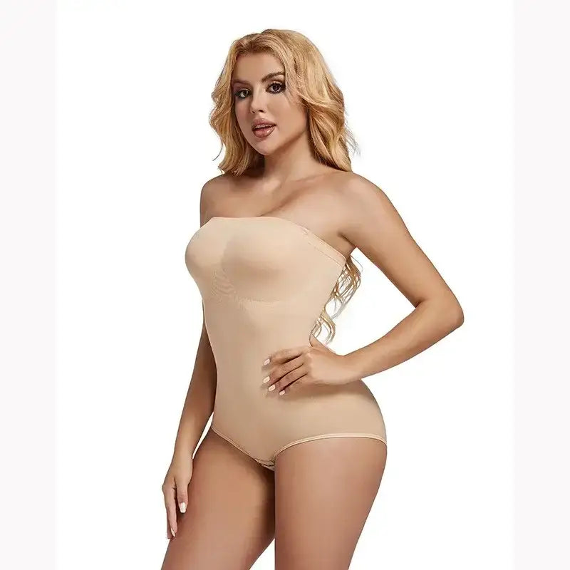 Beige strapless shapewear bodysuit by The Lady's Haven Boutique modeled by woman with long blonde hair