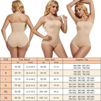 Nude strapless shapewear bodysuit shown from front, back, and side views with size chart
